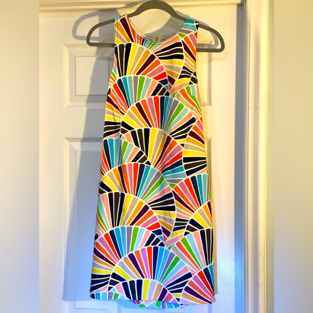 Trina Turk Cotton Stretch Shift In Rainbow Fan Print Sz 6 W/ Pockets!